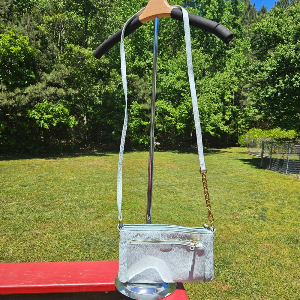Fossil Light Blue Pebbled Leather Crossbody Bag Gold Chain Accent Issue No 1954